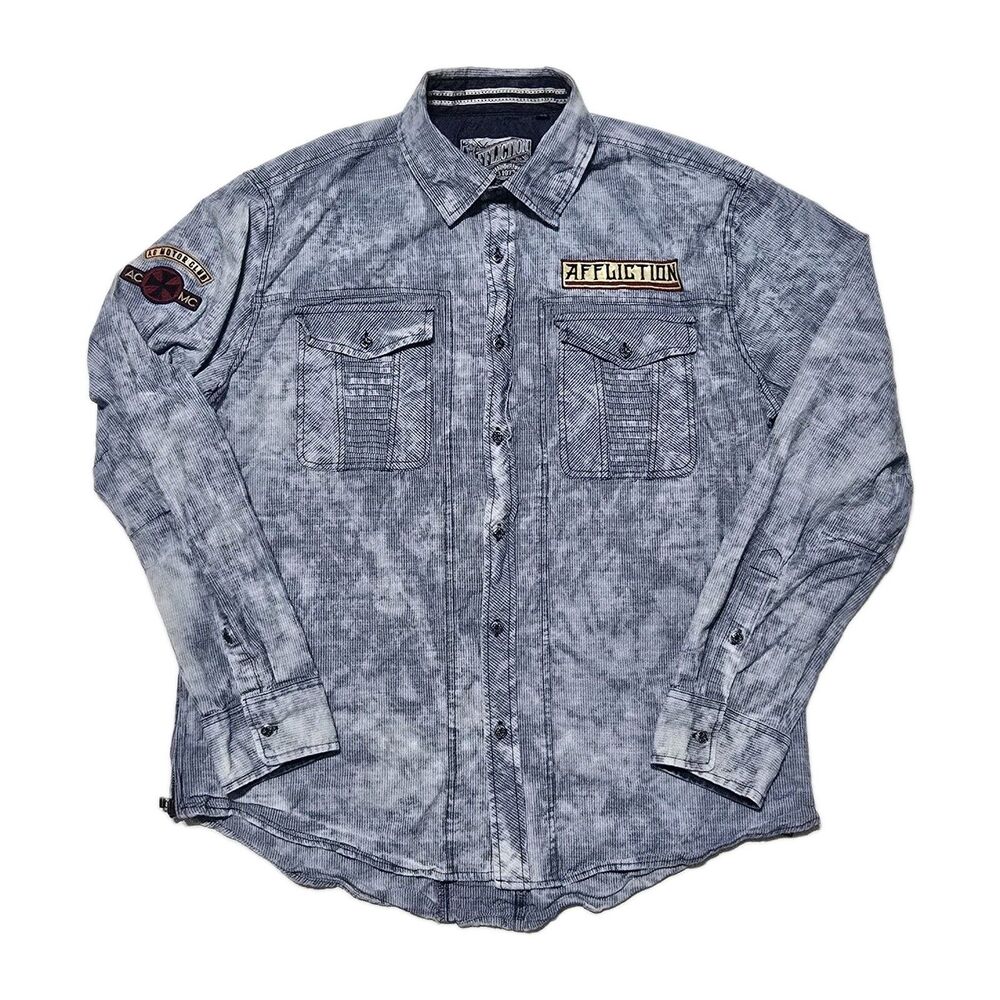 AFFLICTION Fort Story Men's XL Long Sleeve Denim Shirt Acid Wash Embroidered